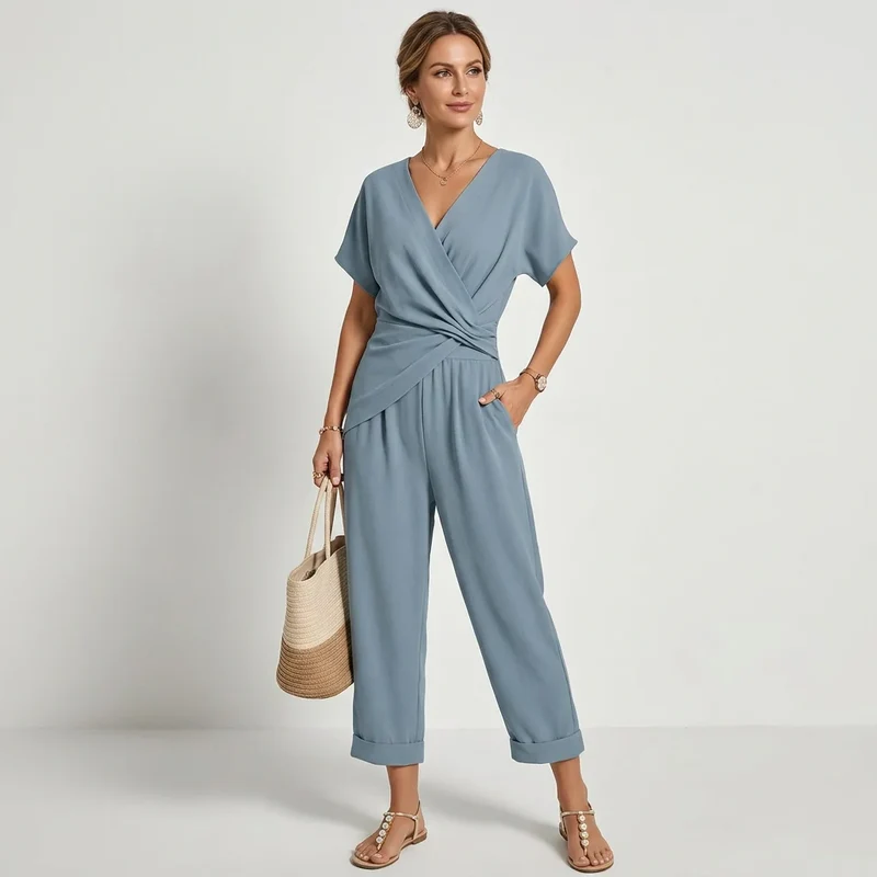 2-Teiler für Damen mit weiter Hose und kurzärmeligem Oberteil in Wickeloptik