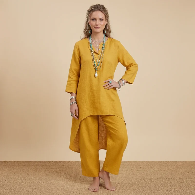 Zweiteiler für Damen mit weiter Hose im Boho-Stil