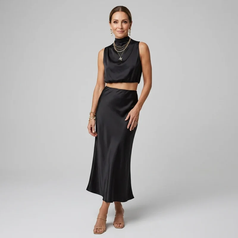 Zweiteiler für Damen mit Maxi Rock und bauchfreiem Oberteil im festlichen Stil
