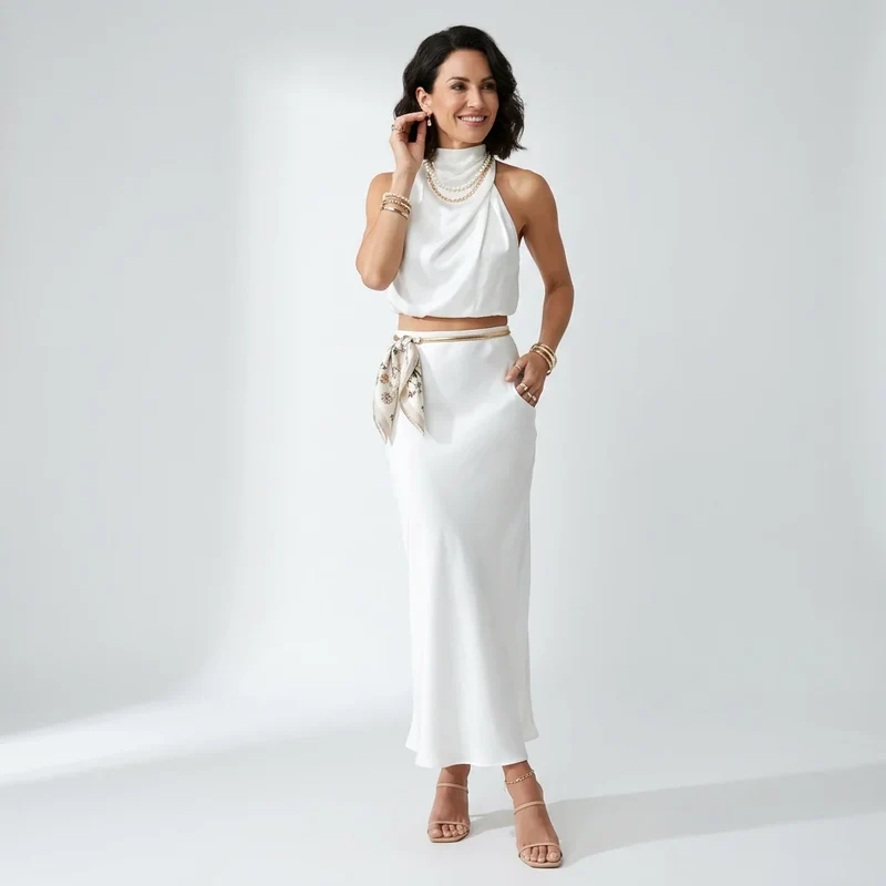 Zweiteiler für Damen mit Maxi Rock und bauchfreiem Oberteil im festlichen Stil