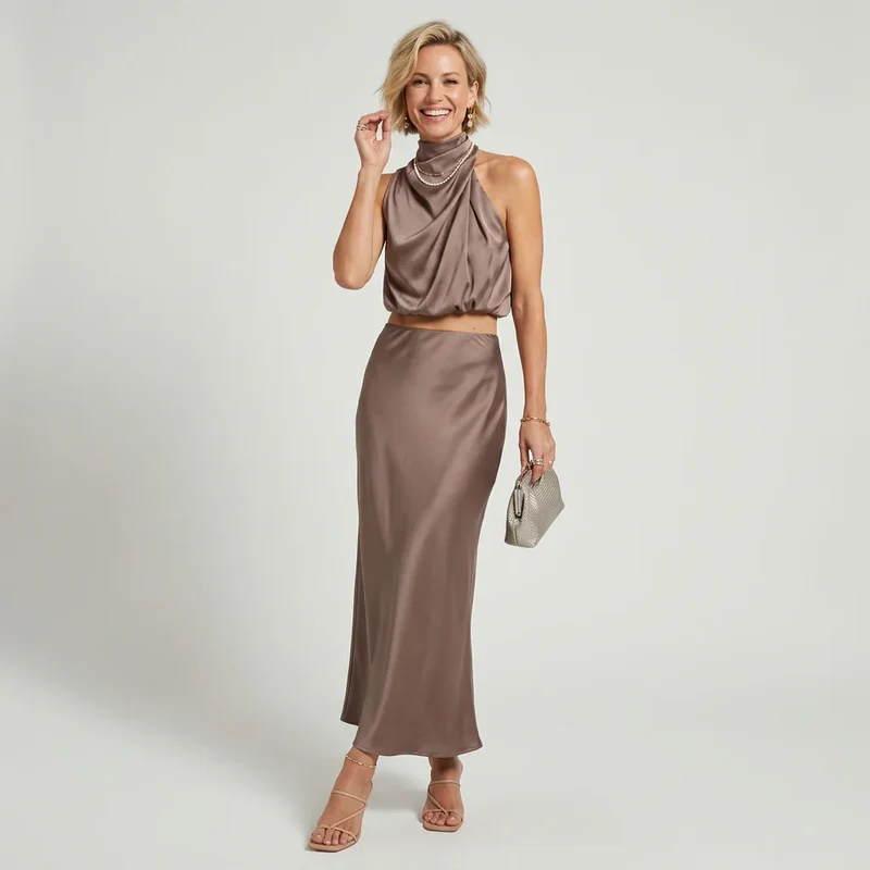 Zweiteiler für Damen mit Maxi Rock und bauchfreiem Oberteil im festlichen Stil