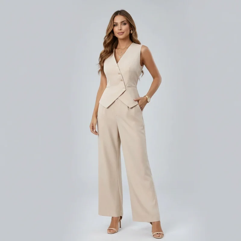 Sommer Zweiteiler für Damen mit weiter Hose und Weste im eleganten Stil