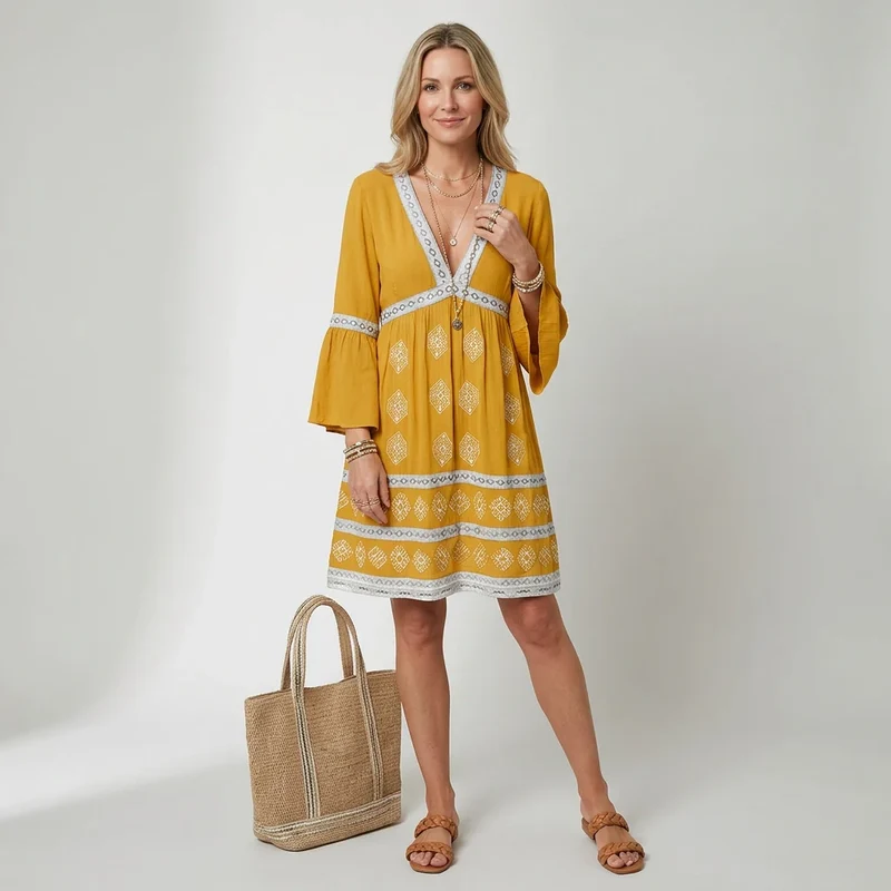 Sommerkleid für Damen in A-Linie mit Langarm und V-Ausschnitt