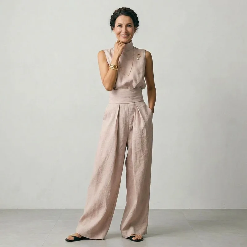 Zweiteiler für Damen mit weiter Hose und ärmellosem Oberteil im lässigen Stil