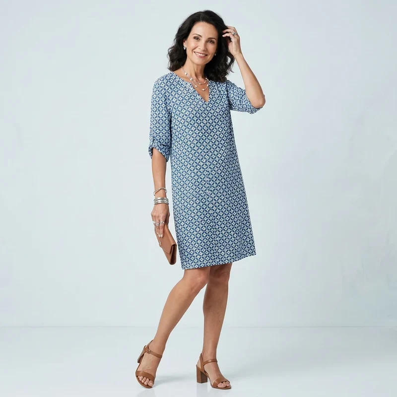Sommerkleid für Damen im Etui Stil mit 3/4 Arm und V-Ausschnitt