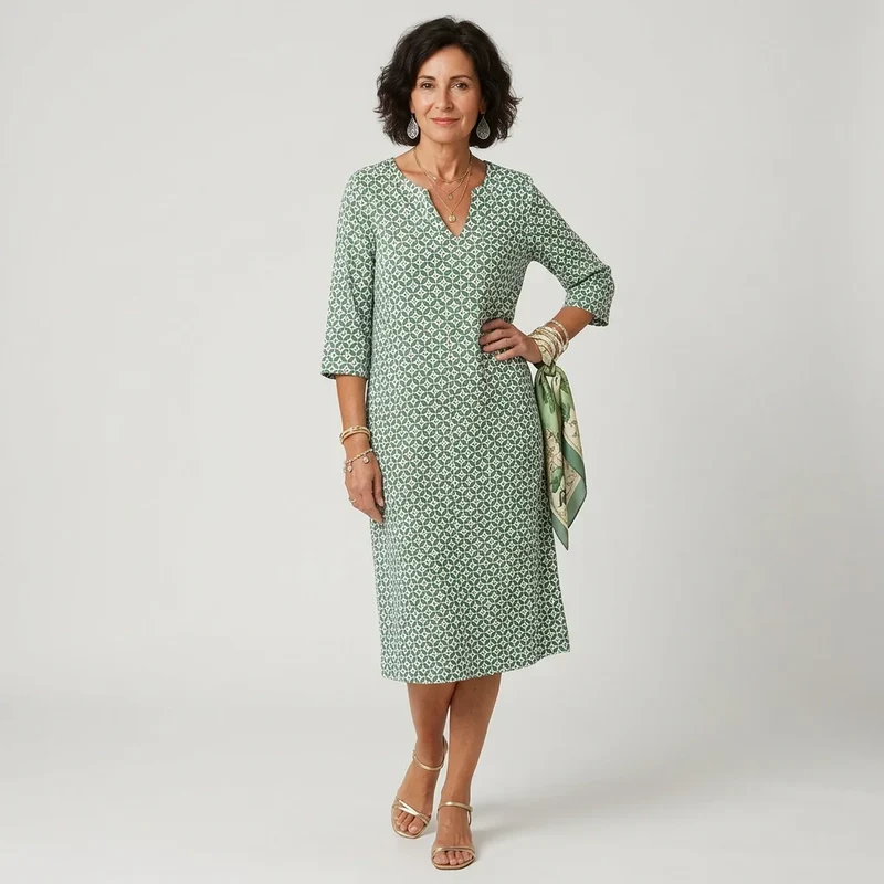 Sommerkleid für Damen im Etui Stil mit 3/4 Arm und V-Ausschnitt