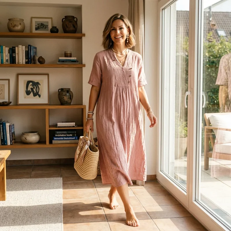 Sommerkleid für Damen in A-Linie mit V-Ausschnitt in Kurzarm-Form
