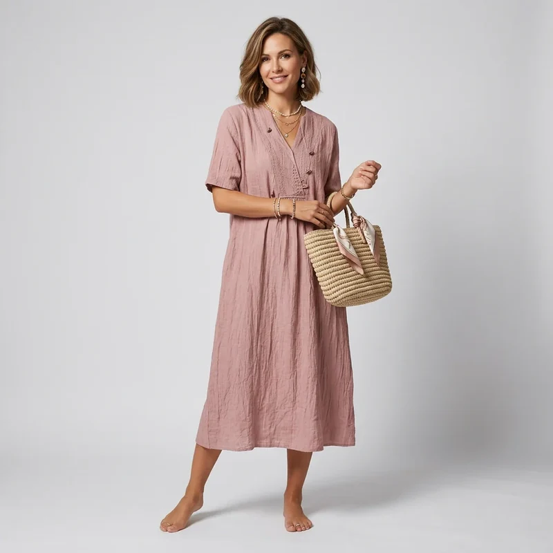 Sommerkleid für Damen in A-Linie mit V-Ausschnitt in Kurzarm-Form