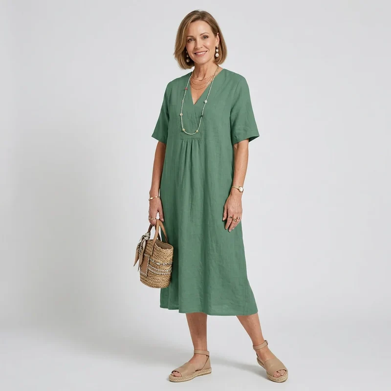 Sommerkleid für Damen in A-Linie mit V-Ausschnitt in Kurzarm-Form