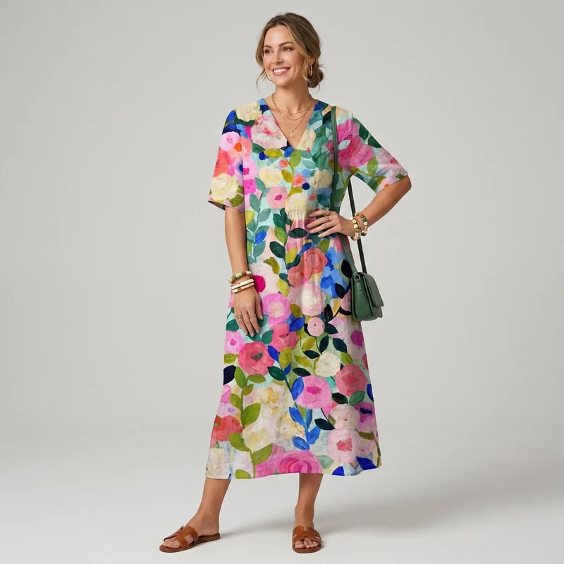 Geblümtes Sommerkleid in A-Linie mit V-Ausschnitt und Kurzarm