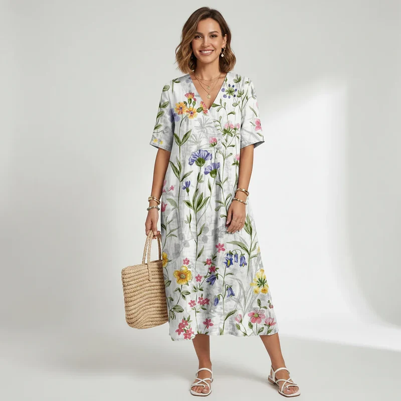 Geblümtes Sommerkleid in A-Linie mit V-Ausschnitt und Kurzarm