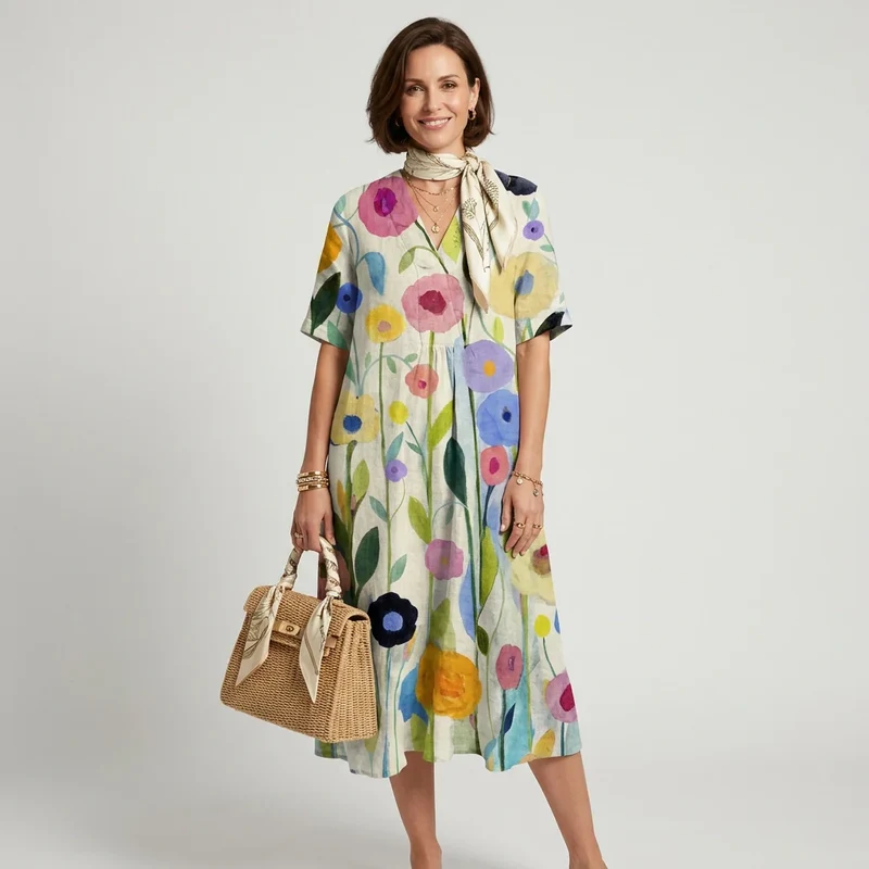 Geblümtes Sommerkleid in A-Linie mit V-Ausschnitt und Kurzarm