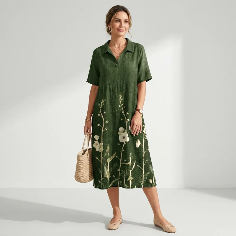 Geblümtes Sommerkleid in A-Linie mit V-Ausschnitt und Kurzarm