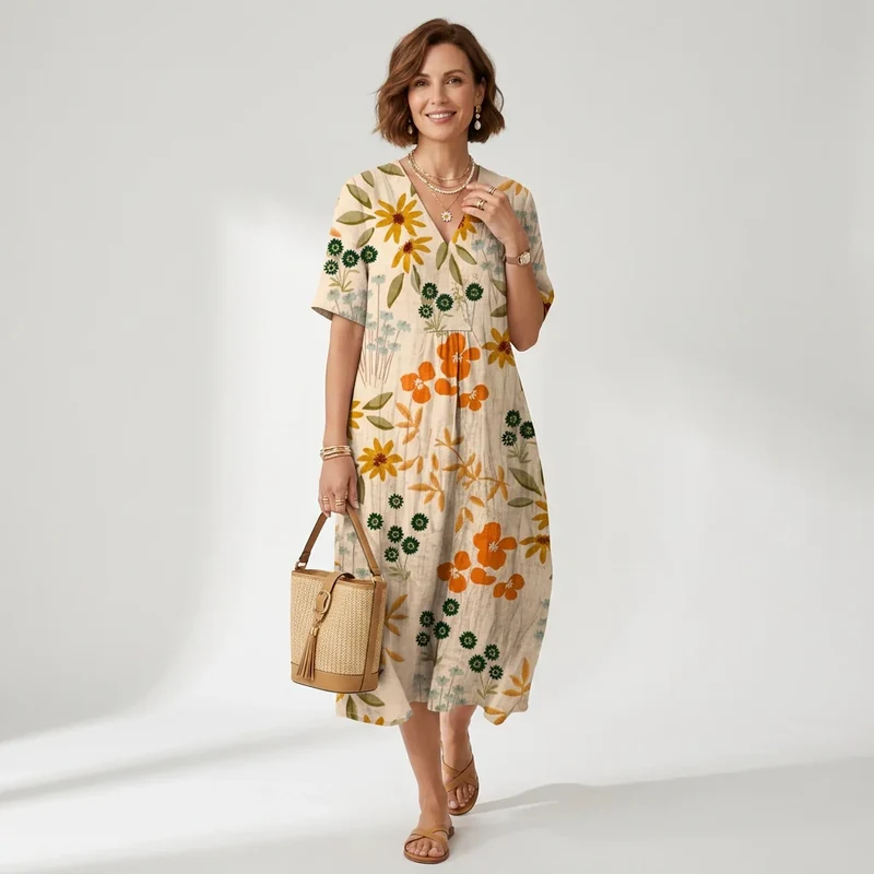 Geblümtes Sommerkleid in A-Linie mit V-Ausschnitt und Kurzarm