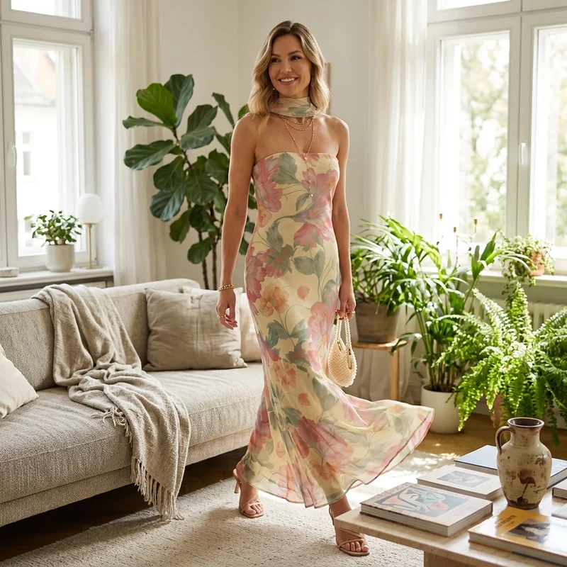 Enges Bandeau Maxi Sommerkleid mit Blumenprint