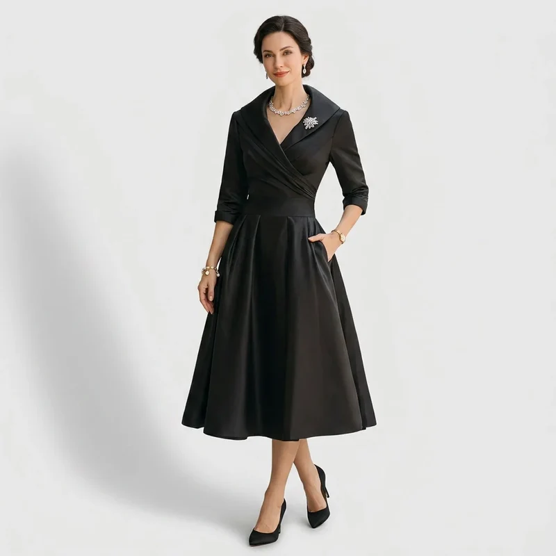 Elegantes Midikleid langarm für Hochzeitsgäste in Wickeloptik