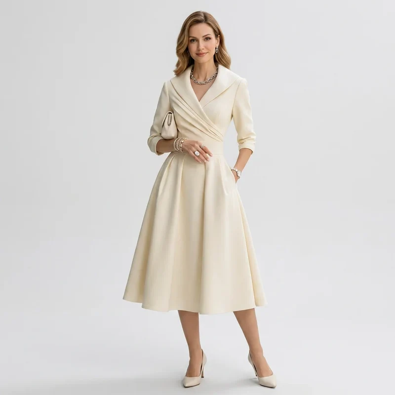 Elegantes Midikleid langarm für Hochzeitsgäste in Wickeloptik