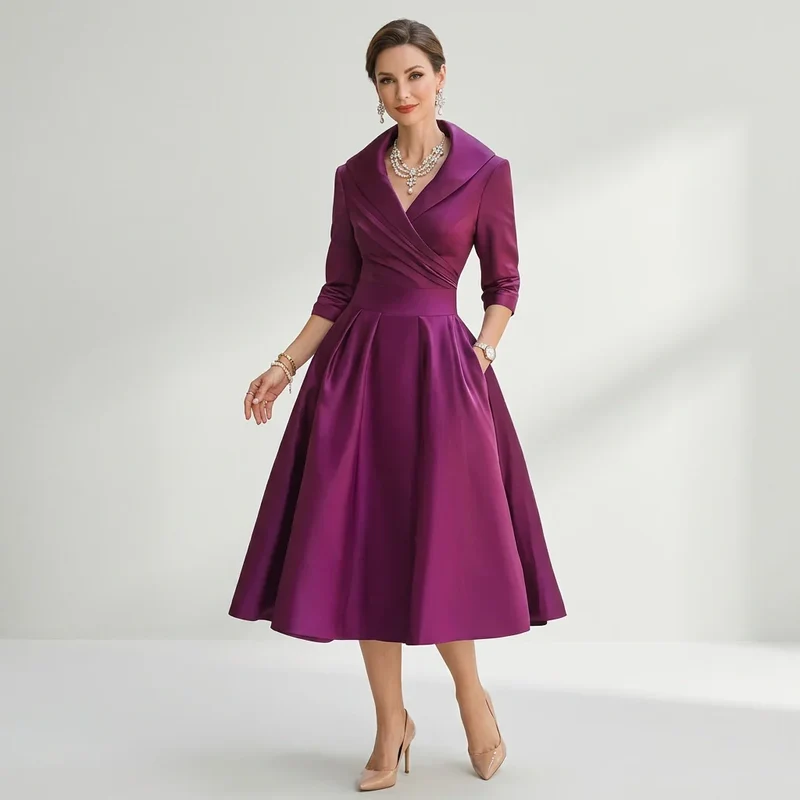Elegantes Midikleid langarm für Hochzeitsgäste in Wickeloptik