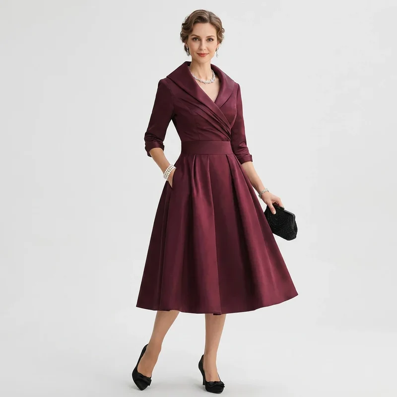 Elegantes Midikleid langarm für Hochzeitsgäste in Wickeloptik