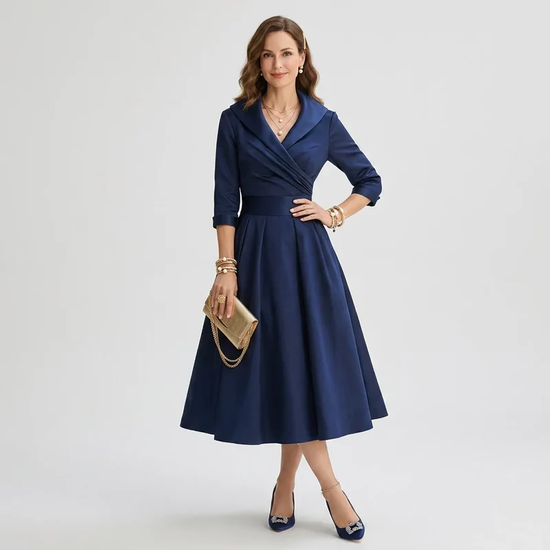 Elegantes Midikleid langarm für Hochzeitsgäste in Wickeloptik