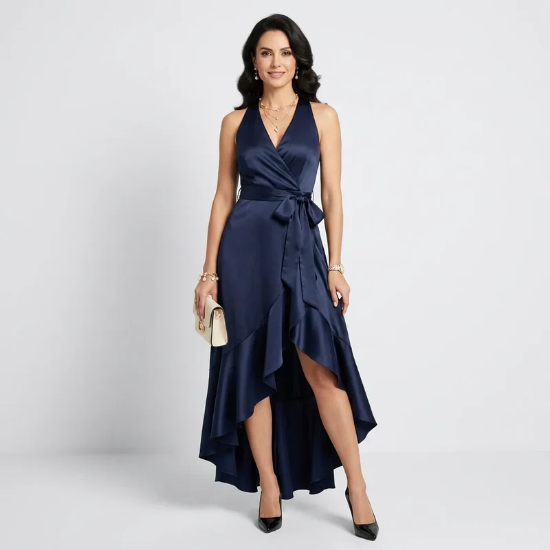 Maxi Wickelkleid mit Vokuhila Schnitt und Bindegürtel aus Satin