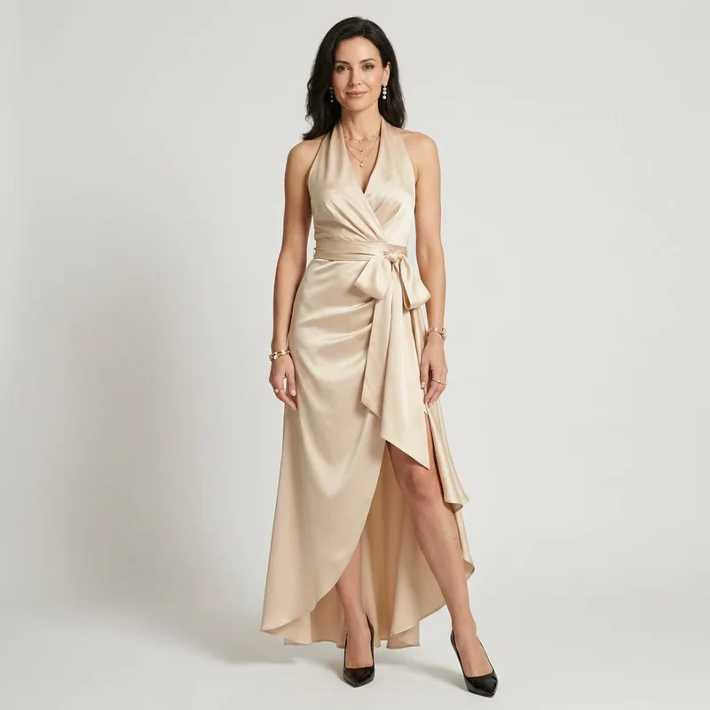 Maxi Wickelkleid mit Vokuhila Schnitt und Bindegürtel aus Satin