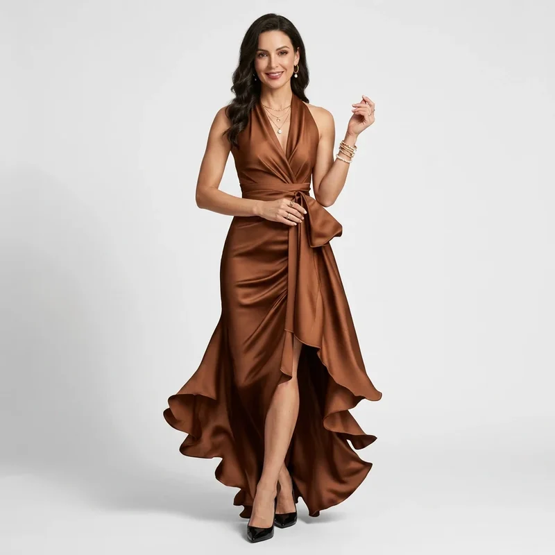 Maxi Wickelkleid mit Vokuhila Schnitt und Bindegürtel aus Satin