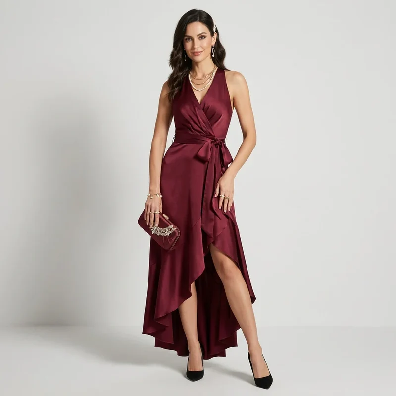 Maxi Wickelkleid mit Vokuhila Schnitt und Bindegürtel aus Satin