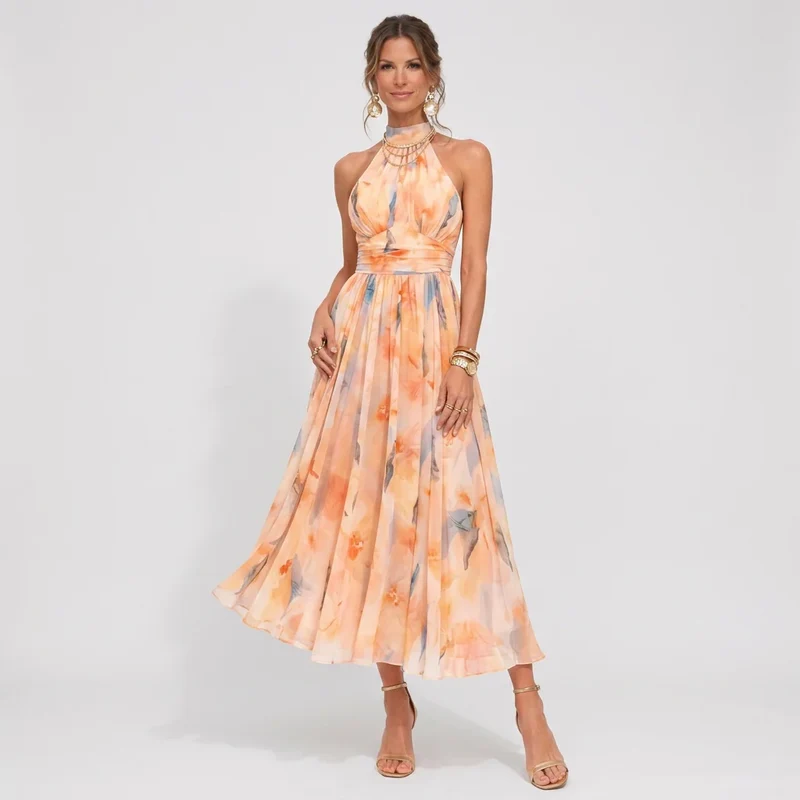 Wadenlanges Kleid in A-Linie aus Chiffon mit Blumenprint