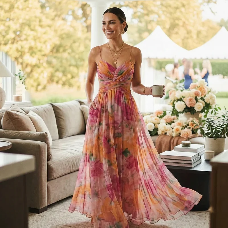 Maxi Kleid in Überlänge aus feinem Tüll in A-Linie mit Cut Out und Blumenprint