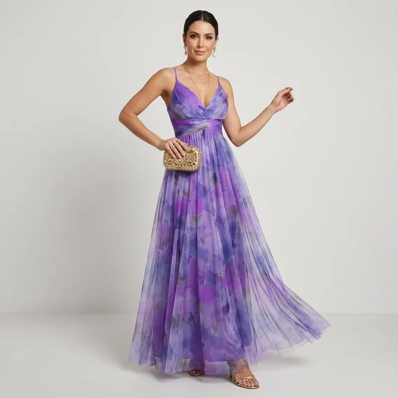Maxi Kleid in Überlänge aus feinem Tüll in A-Linie mit Cut Out und Blumenprint