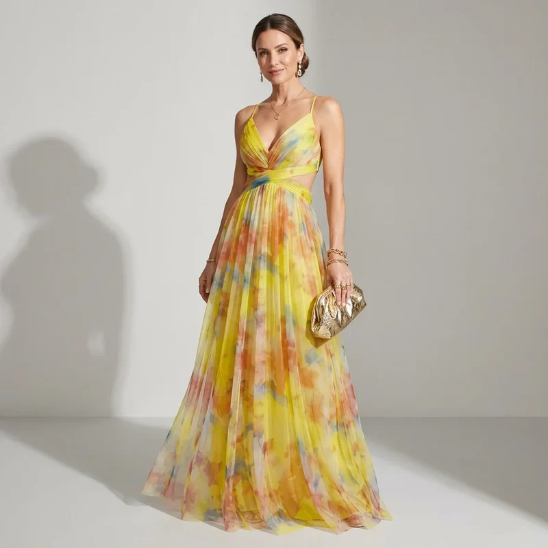 Maxi Kleid in Überlänge aus feinem Tüll in A-Linie mit Cut Out und Blumenprint