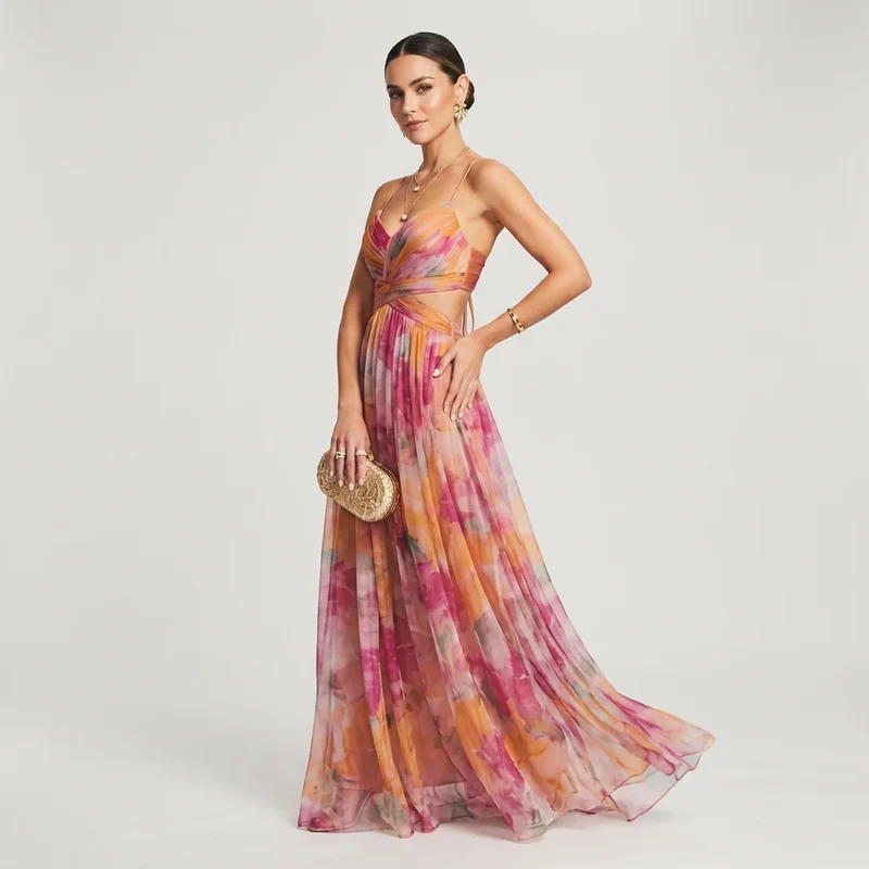 Maxi Kleid in Überlänge aus feinem Tüll in A-Linie mit Cut Out und Blumenprint