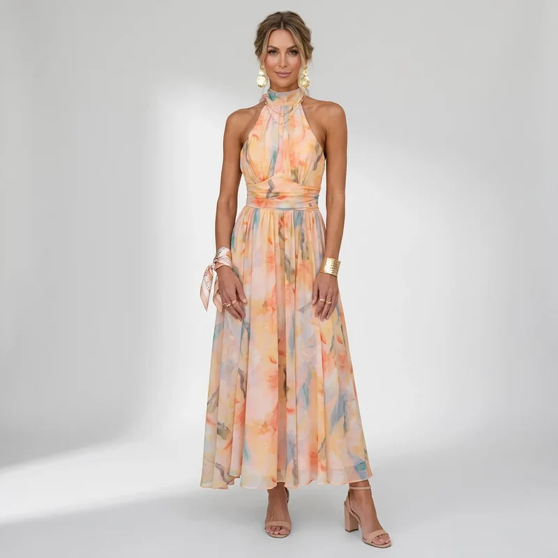 Maxi Kleid mit Neckholder aus Chiffon in ärmelloser Form