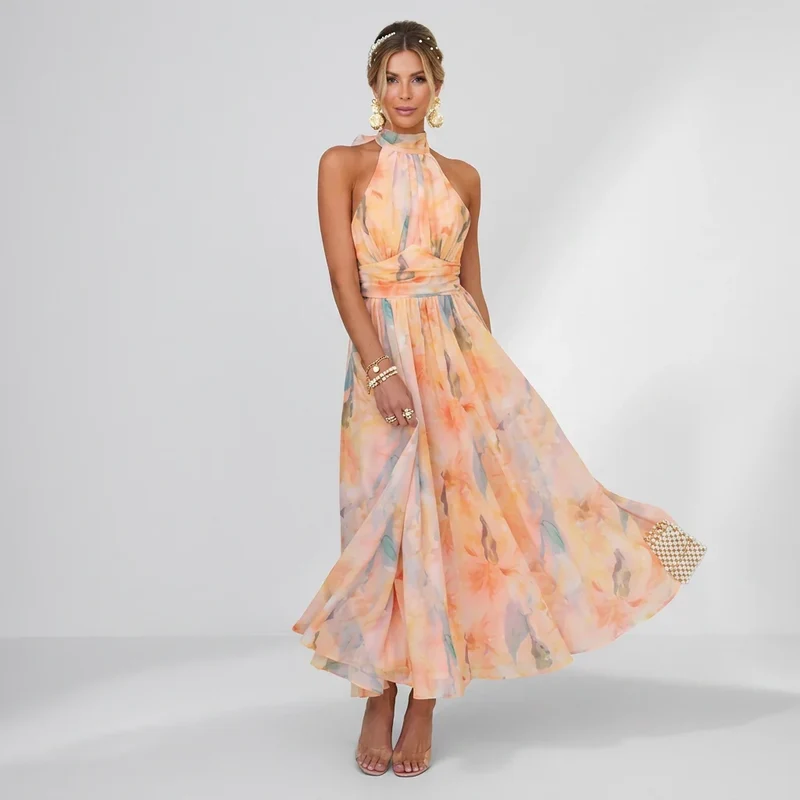Maxi Kleid mit Neckholder aus Chiffon in ärmelloser Form