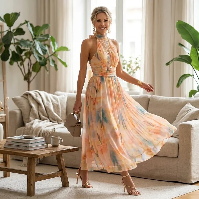 Maxi Kleid mit Neckholder aus Chiffon in ärmelloser Form