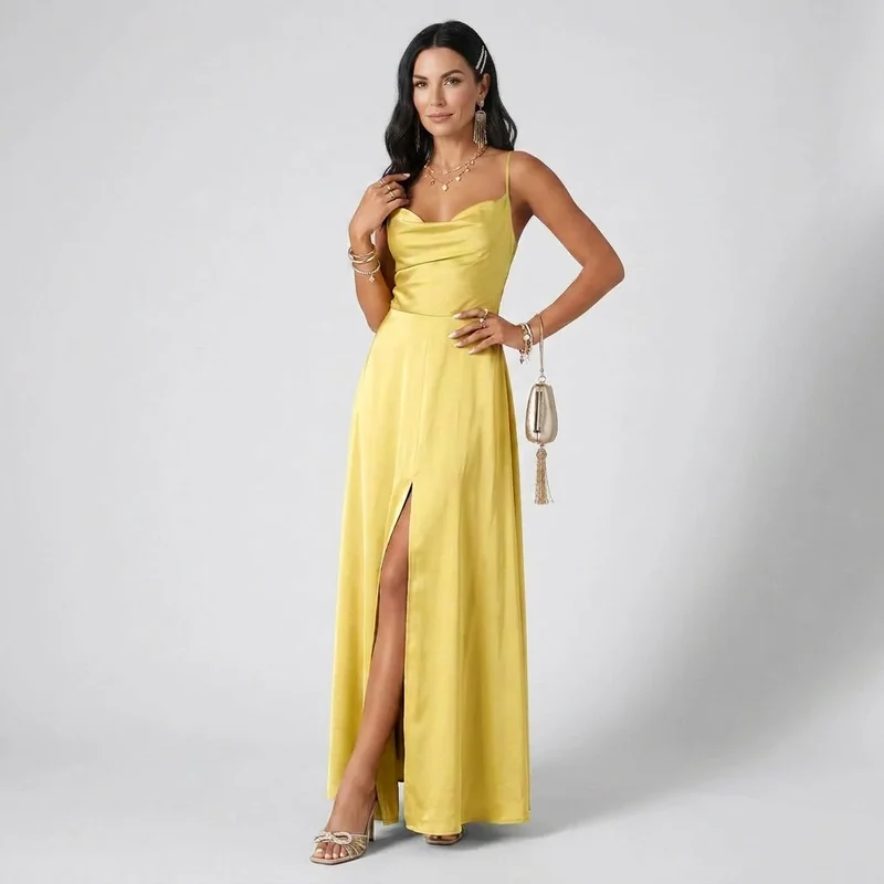 Maxi Trägerkleid mit Wasserfallausschnitt und Schlitz aus Satin