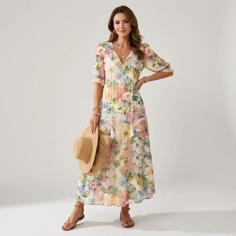 Maxikleid im Boho Stil mit V-Ausschnitt Halbarm und lockerer Passform