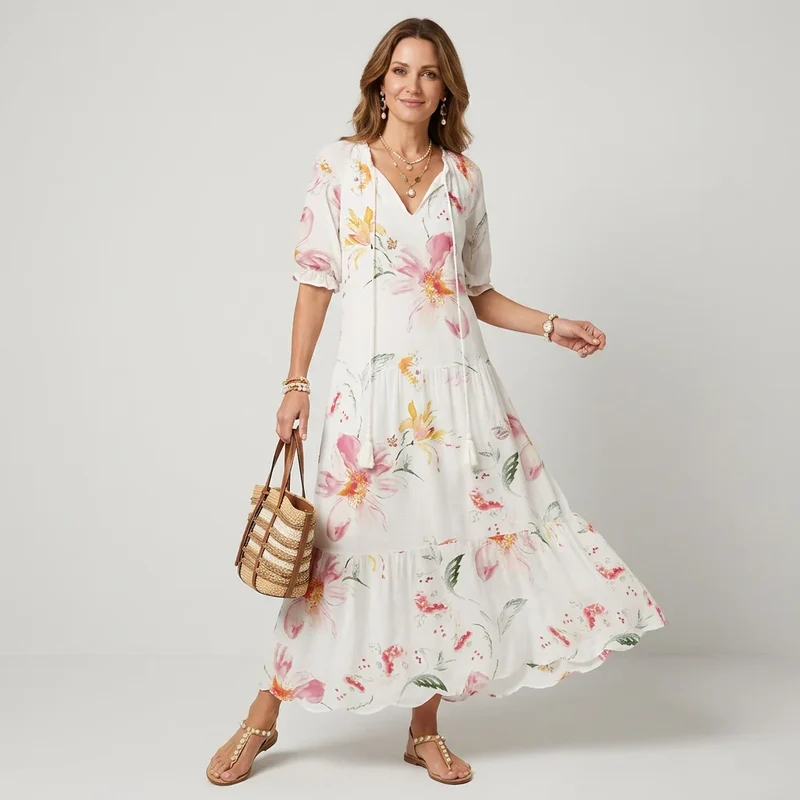 Maxikleid im Boho Stil mit V-Ausschnitt Halbarm und lockerer Passform