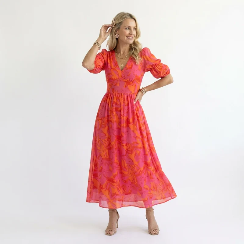 Maxikleid in A-Linie mit Puffärmeln im V-Ausschnitt