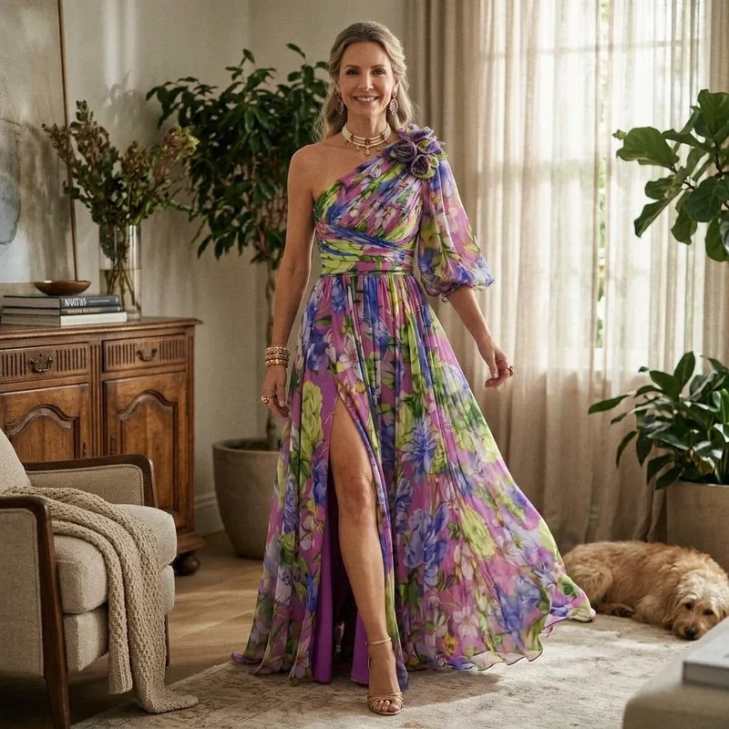 Maxikleid mit One Shoulder Ausschnitt Puffärmel und Schlitz