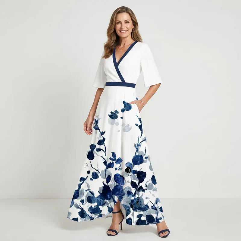 Maxikleid in Blumenprint mit Wickeloptik und 3/4 Ärmeln