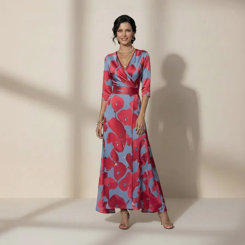 Maxikleid in Blumenprint mit Wickeloptik und 3/4 Ärmeln
