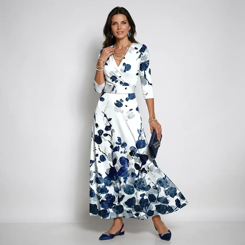 Maxikleid in Blumenprint mit Wickeloptik und 3/4 Ärmeln