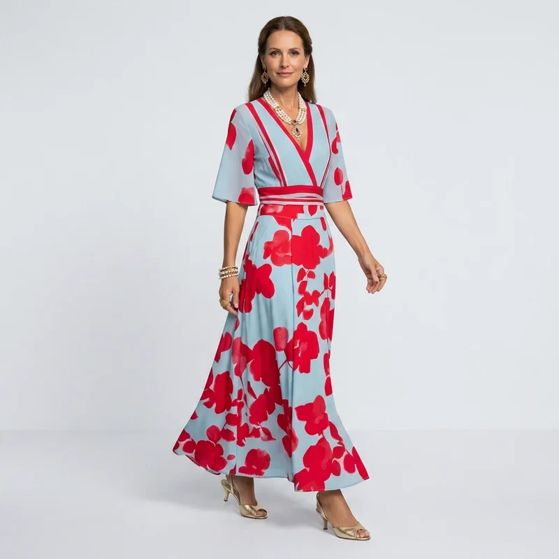 Maxikleid in Blumenprint mit Wickeloptik und 3/4 Ärmeln