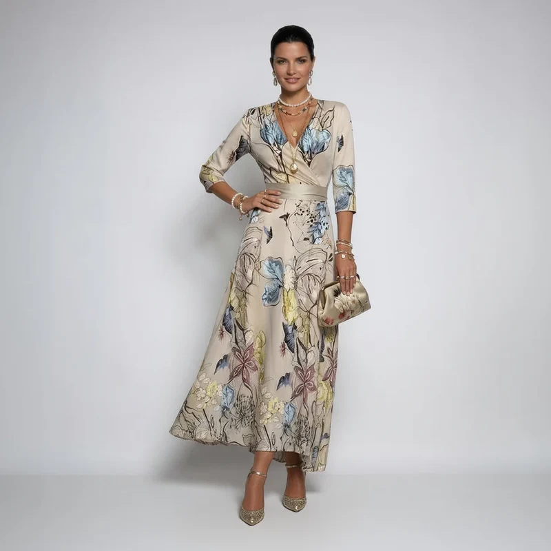 Maxikleid in Blumenprint mit Wickeloptik und 3/4 Ärmeln