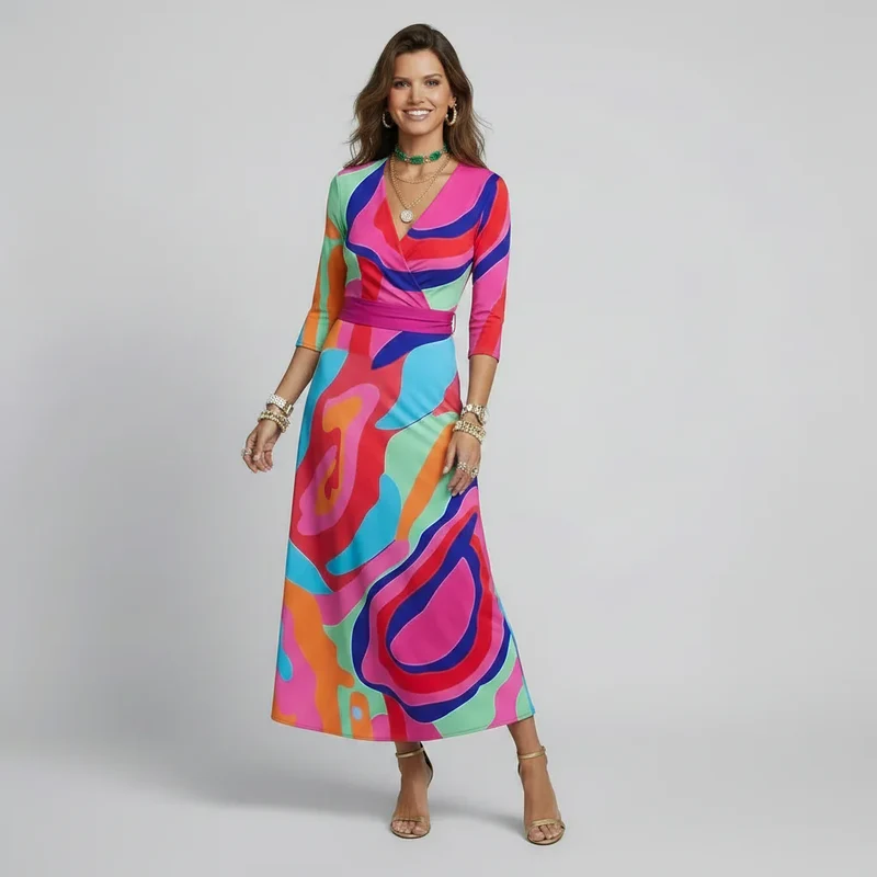 Maxikleid in Blumenprint mit Wickeloptik und 3/4 Ärmeln