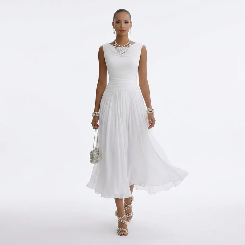 Plissiertes Midikleid für Damen als Hochzeitsgast mit Drapierung
