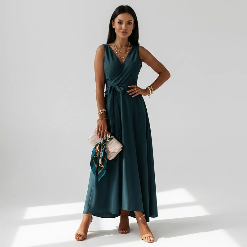 Ärmelloses Maxikleid in bodenlanger Form mit Wickeloptik