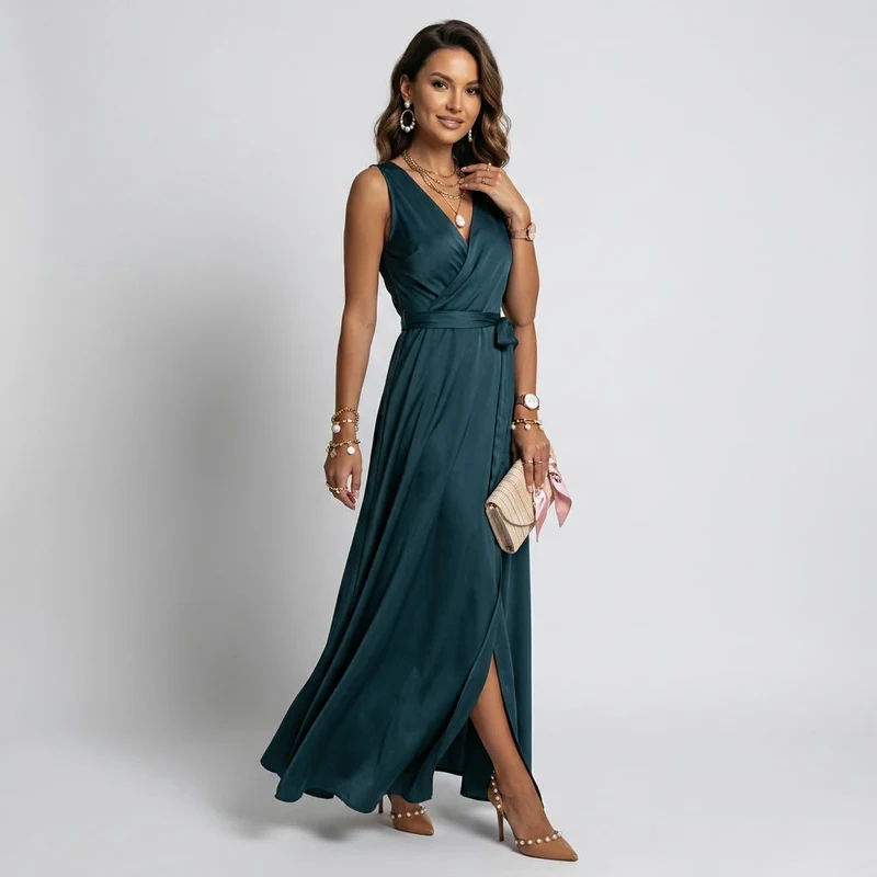 Ärmelloses Maxikleid in bodenlanger Form mit Wickeloptik